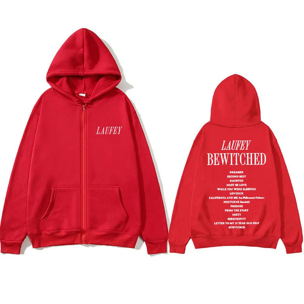 Singer Laufey Bewitched Letter Logo Print Zipper Hoodie Men Women Casual Oversized Zip Up Jacket Men's Fleece Zip Up Sweatshirt