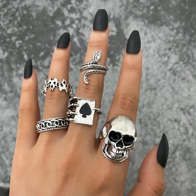 5PC Hand Geschnitzt Skelett Poker Spades EINE Halloween Schmuck Nachtclub Party Elegante Ring Set