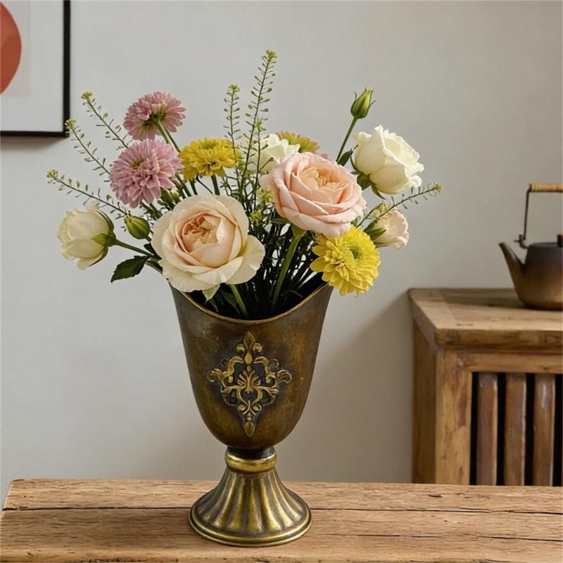 Antique Metal Flower Arrangement Vases Bronze Urn Planter Home Decors With Classical Embossed Pattern Outdoor Indoor Use