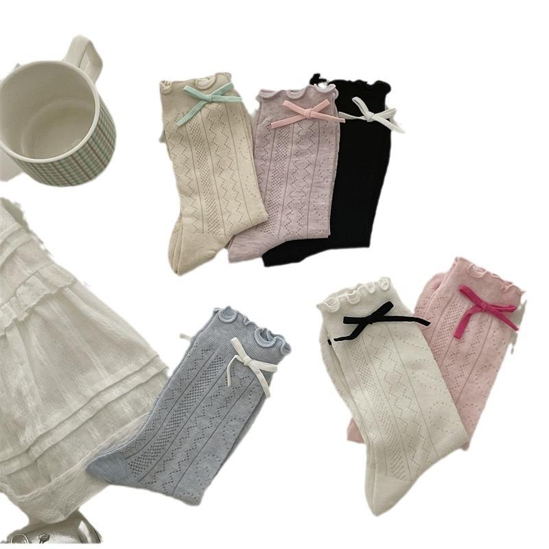 Sweet And Versatile Summer New High-Elastic Cotton Fungus Edge Love Hollow Macaron Bow Thin Socks