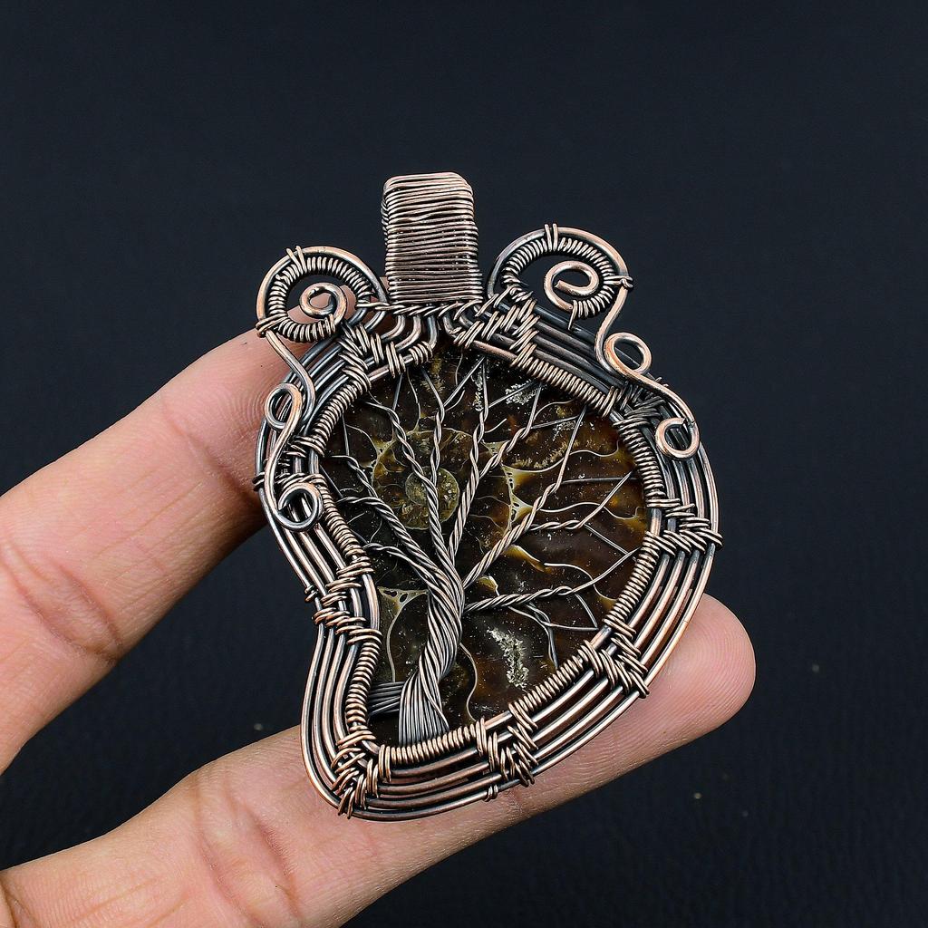 Pingente Fóssil de Amonite Embrulhado em Fio de Cobre 999, Pingente de Joia de Pedra Preciosa Feito à Mão para o Dia Memorial