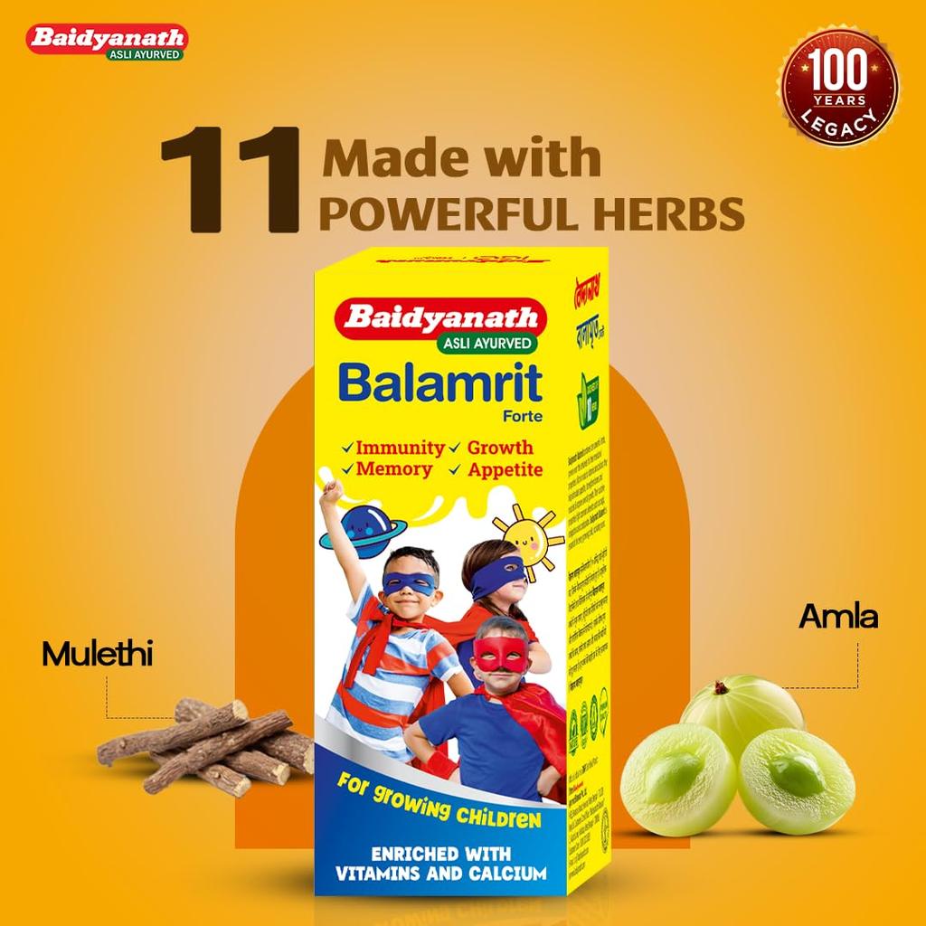 Baidyanath Balamrit Ayurvedic Kids Tonic 220 ml Herbal Growth Bone Strength Immunity Digestion Support 10 Herbs