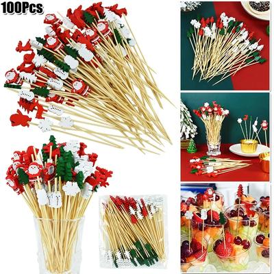 100 Stück Einweg Weihnachten Halloween Bambus Lebensmittelspieße Zahnstocher Weihnachtsmann Geist Dessertbuffet Obstsalatspieße Weihnachtsfeier Halloweenparty Deko