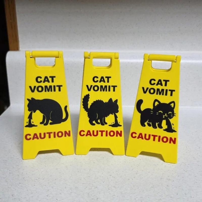 3Pcs Funny Cats Vomit Caution Signs Humorous Double-Sided Printing Desk Decors Gag Gift for Pet Owners & Cats Lover