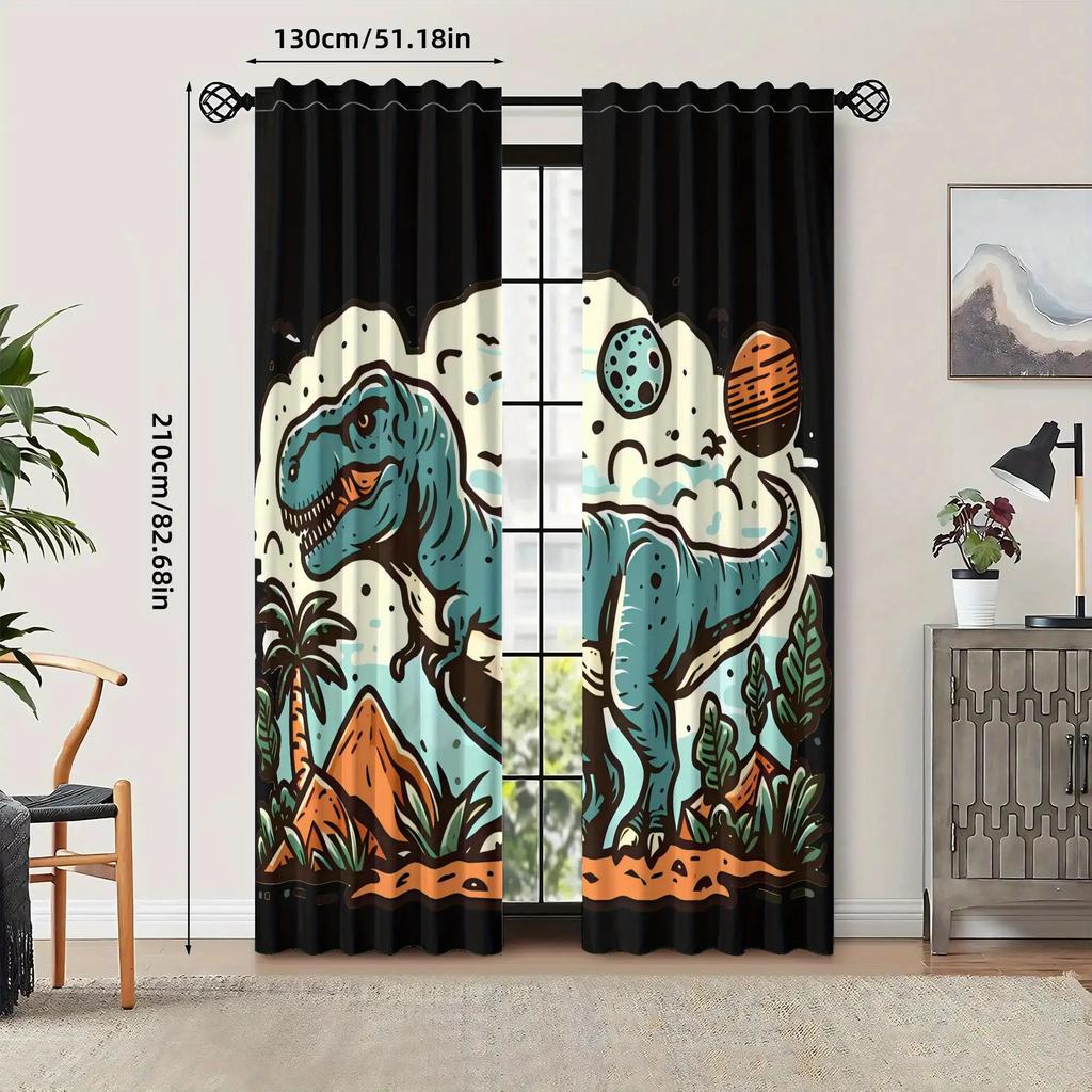 curtain2pcs Tyrannosaurus Rex Dinosaur Curtains- Retro Blackout Curtains with Grommet Top, Polyester Machine Washable