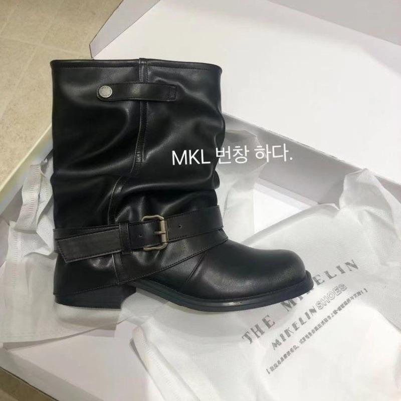 

Women s shoes new western cowboy boots women s pleated stacked medium boots retro polished thick heel trousers knight boots 35 чёрный