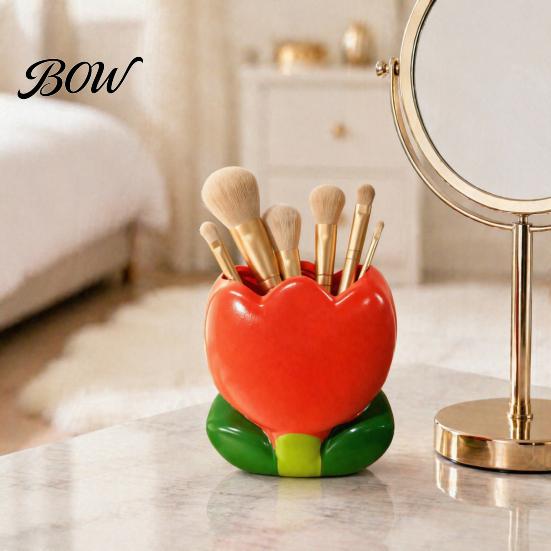 Office Desk Accessories for Women Tulip Makeup Brush Holder, Resin Cosmetic Organizer Vanity Desk, Cute Flower Pen Floral Stationery Cup