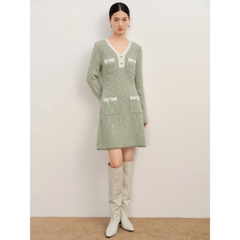 

Jiu Zi·Annacoco Elegant V-Neck Wool Blend Sweater Dress - Flower Light Green M