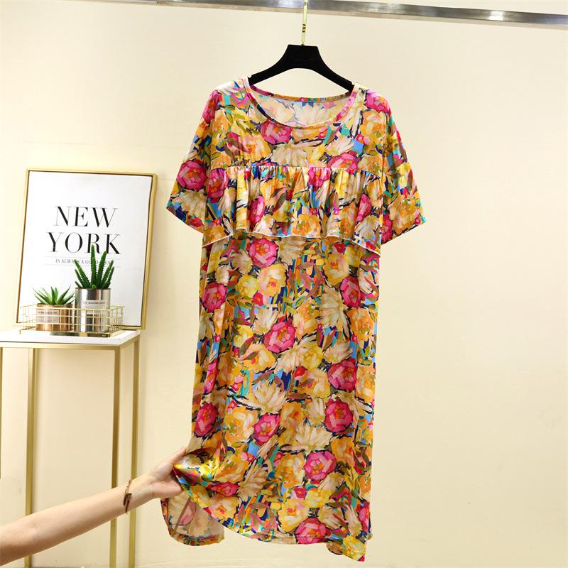 2025 Summer Floral Cotton and Silk Midi Dress - Short Sleeve, Loose Fit Nightgown