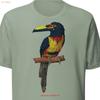 Camiseta Sálvia Verde Tucano Aracari de Gola e Impressão Artística 11x14 vintage Lavada Unisex Gráfico Versátil Ligeiramente
