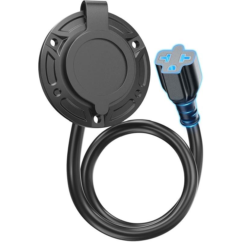 20A 125V AC Port Plug,12AWG Heavy-Duty RV Shore Power Inlet Plug With 5-In-1 T-Blade Adapter & 16'' Extension Cord,Waterproof AC Power Inlet Socket