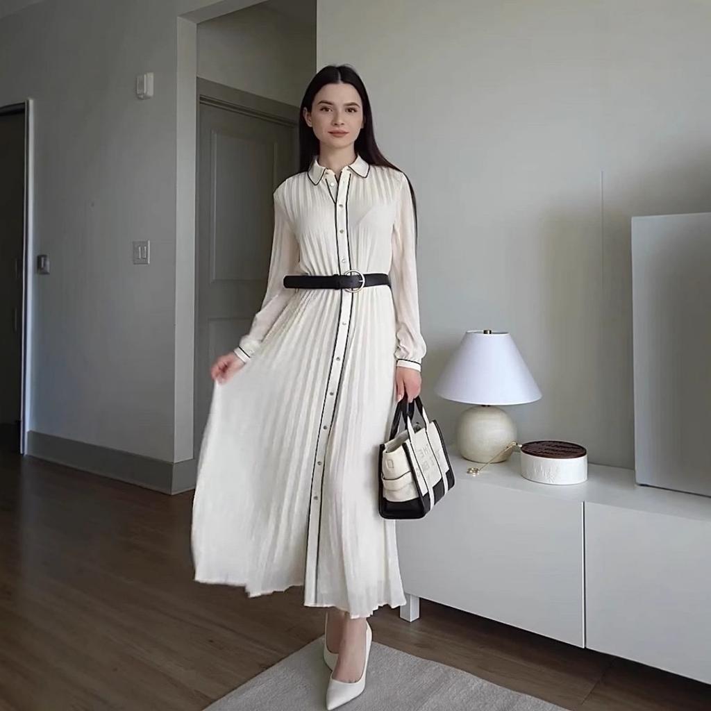 Women's Colourful Lapel Pleated Dress Corseted Long Sleeve Single Breasted (With Belt) Long Dress Elegant Women's Clothing