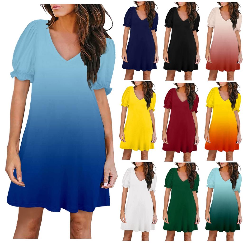 Sommermode für Damen, einfarbig, V-Ausschnitt, Blütenblattärmel, kurze Ärmel, Taschenkleid