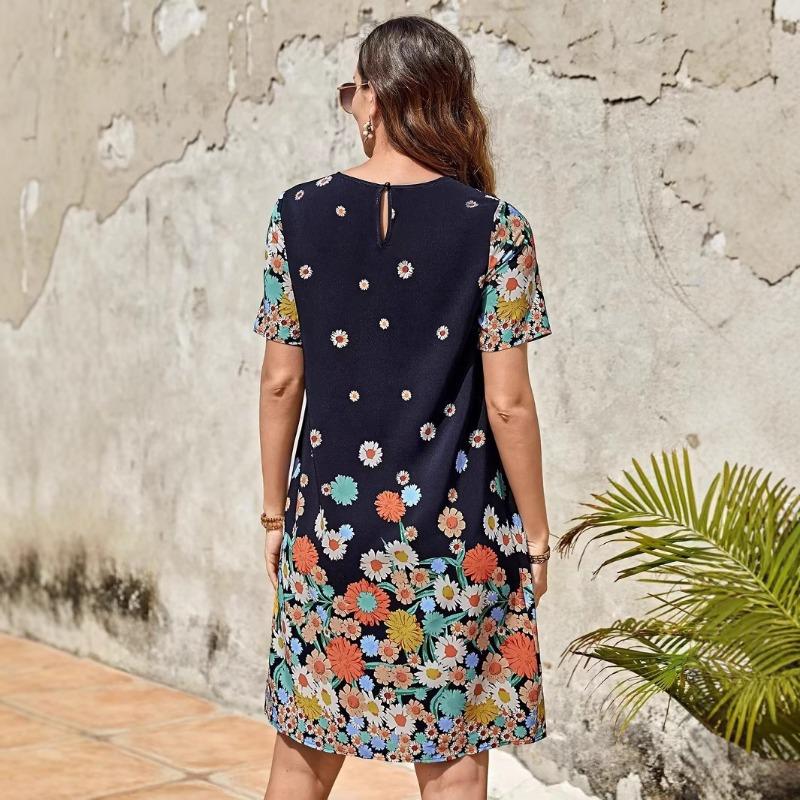 Spring/summer Floral Print Crew Neck Women's Short-sleeved Dress