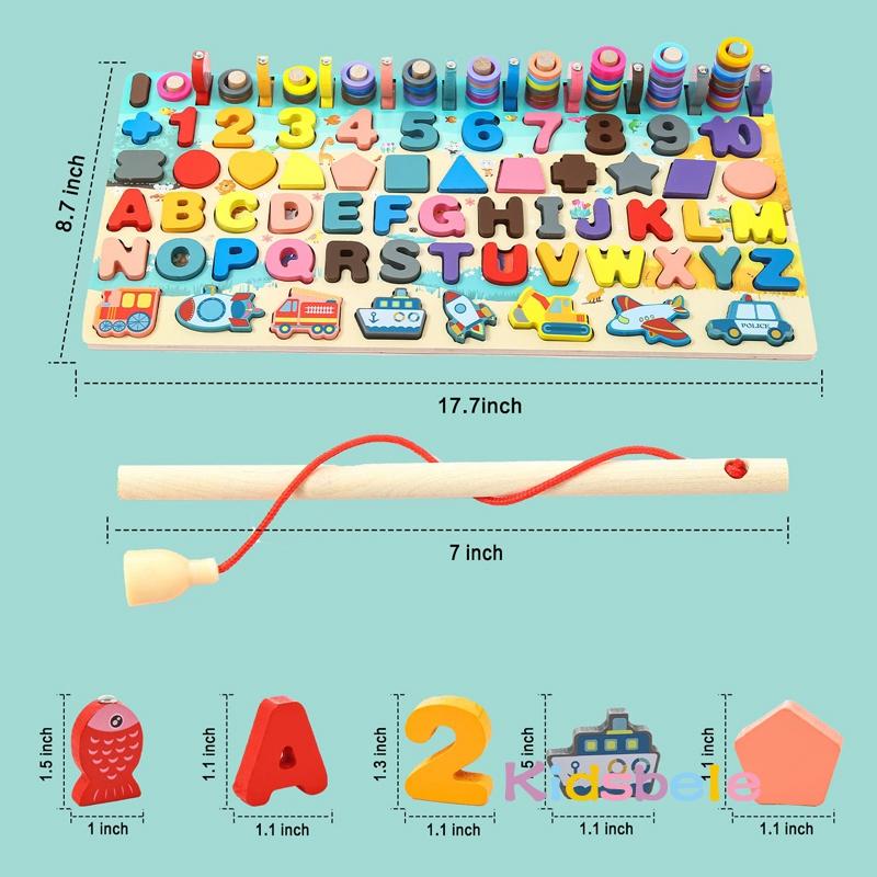 Wooden Puzzles Shape Sorter Montessori Toy Magnetic Fishing Game Counting Stacking Kids Preschool Alphabet Number Learning Toy