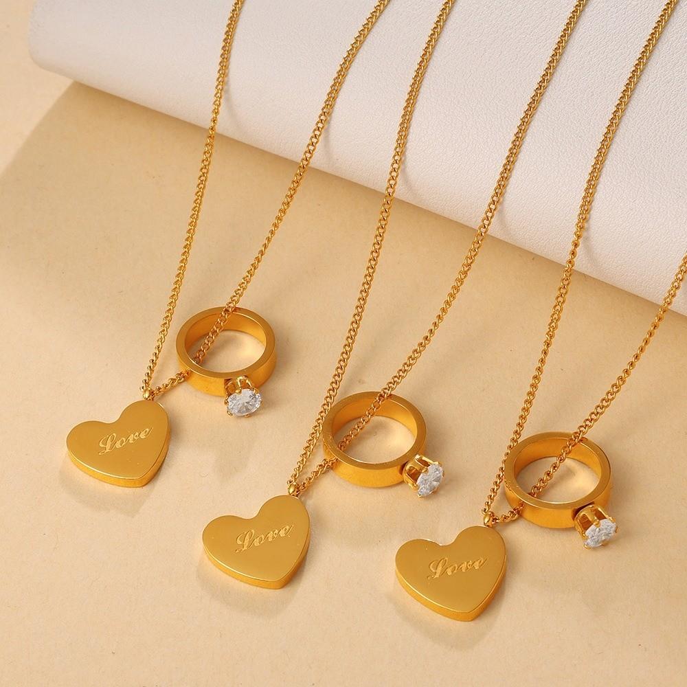 Stainless Steel Heart Ring Pendant Necklace Vintage Romantic Heart Necklace  Couple
