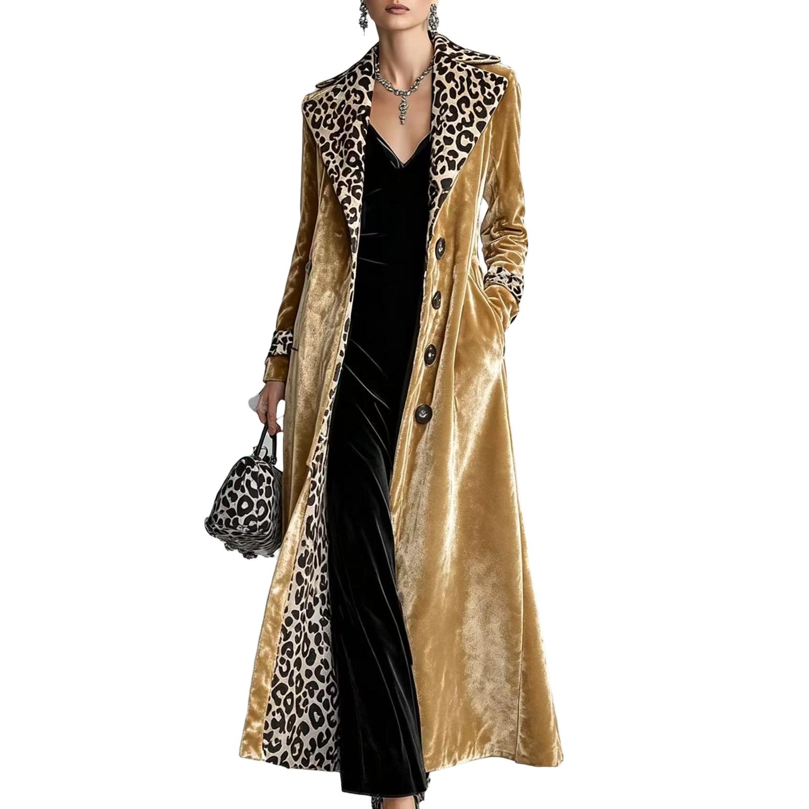 Women`s Leopard Print Velvet Long Coat