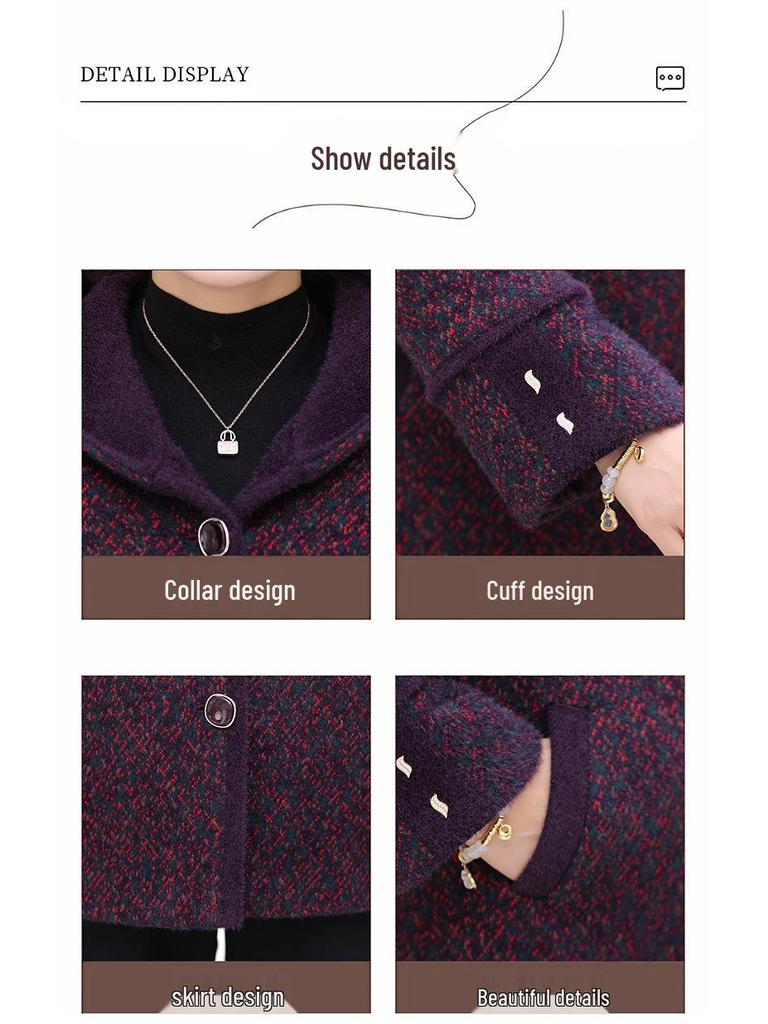 Plus Size Velvet Winter Coat for Middle-Aged Women - Long Sleeve Fashionable Loose Fit