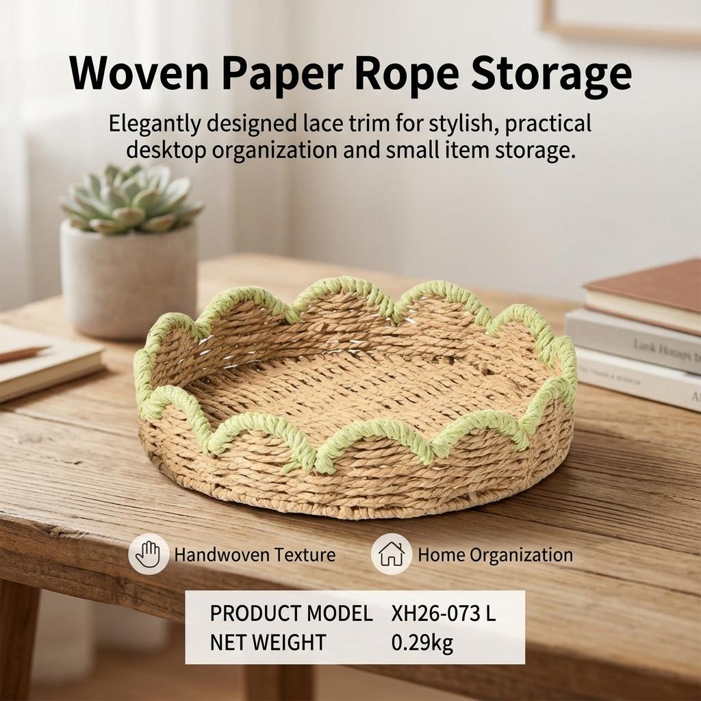 Green Paper Rope Storage Basket With Lace Design For Desk Organization