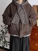 Giacca Imbottita Unisex Giapponese Retrò a Quadri con Cappuccio e Sciarpa