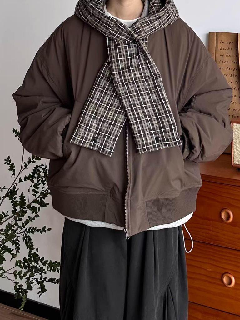 Giacca Imbottita Unisex Giapponese Retrò a Quadri con Cappuccio e Sciarpa