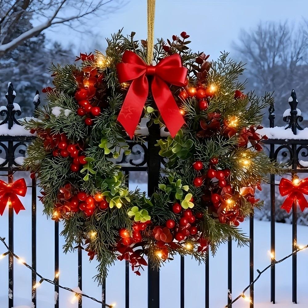 Realistic Design Christmas Wreath Velvet Bow Faux Greenery Wreath  Indoor Decor