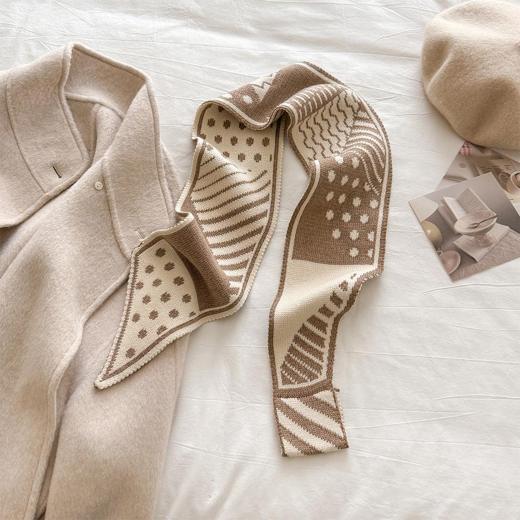 Polka Dot Striped Thicken And Warm Winter Small Knitted Scarf For Women Striped Neck Gaiter Versatile Temperament Scarves