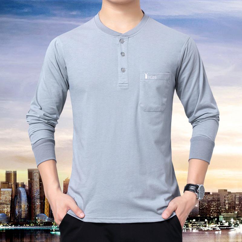 

Футболка из чистого хлопка с воротником-стойкой и длинными рукавами для мужчин среднего возраста с настоящим карманом - осенний топ M (100-120 jin)