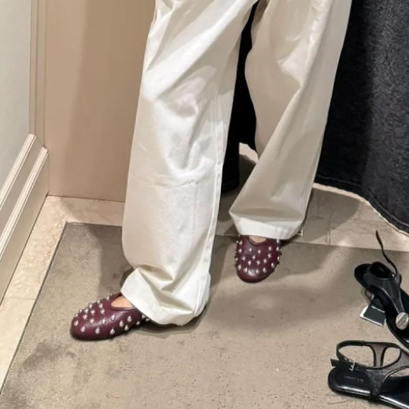 Cowhide version~ niche rivet Mary Jane flats autumn and winter new round head one-word buckle French shallow mouth single shoes