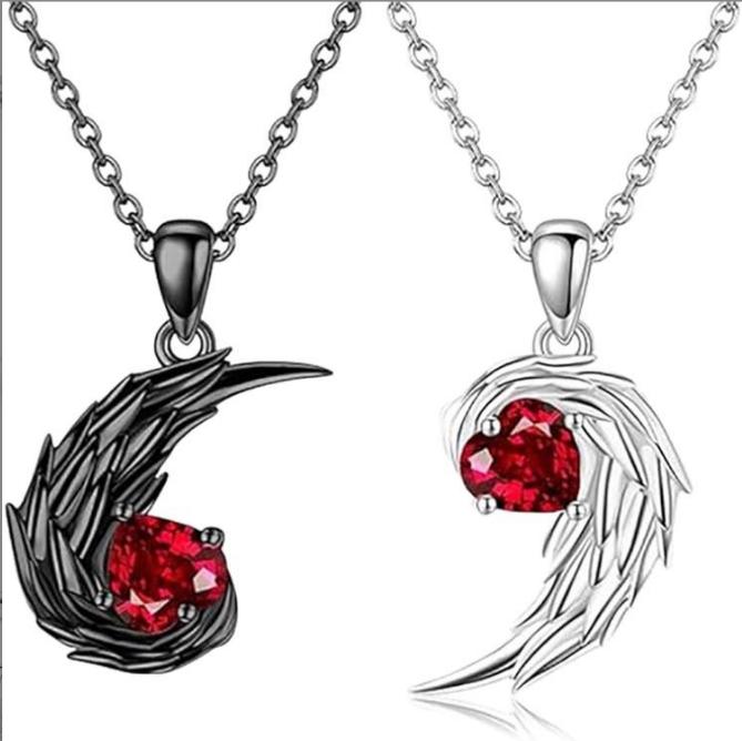 Red Rhinestone Feather Couple Necklace Valentine's Day Jewelry Gifts for Women Men Angle Devil Pendant Necklaces Accessories