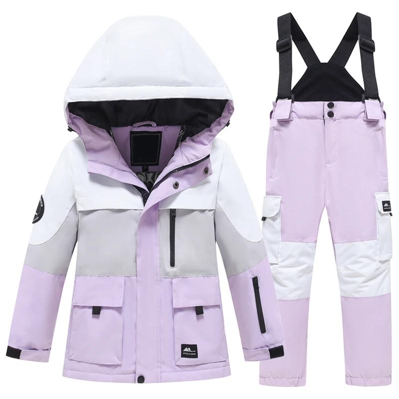 

Детская одежда для сноуборда для девочек и мальчиков, флисовая куртка с капюшоном и комбинезоном, теплые детские горнолыжные костюмы из двух частей для зимы 140cm фиолетовый