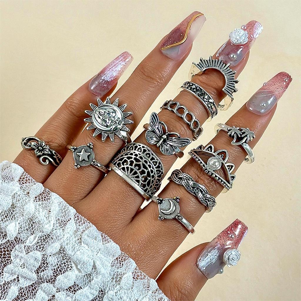 European and American punk dark butterfly skull cut-out face ring multi-piece set personality trend distressed ring set