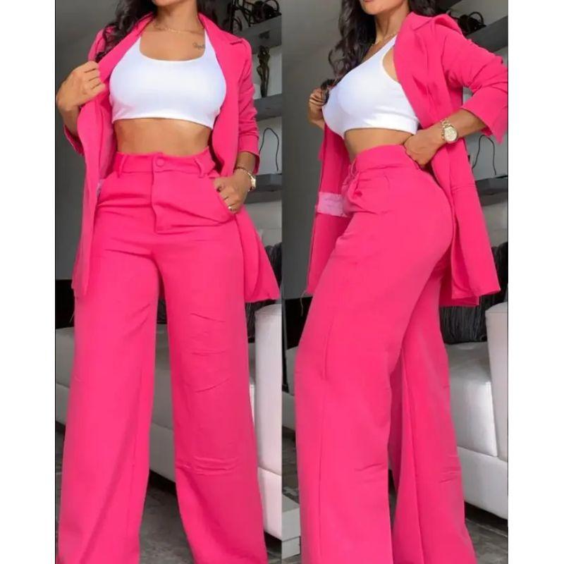 European and American Women clothes Temperament Solid Lapel Suit Pocket Straight Pants Set Straight Leg Pants Set