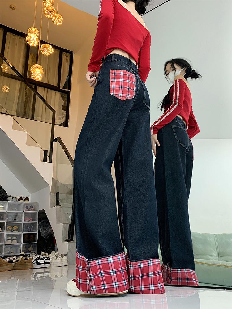 

Женские джинсы с высокой талией, красной клетчатой лоскутной вставкой, широкими штанинами - Ретро стиль, Большой размер, Приталенный крой для осени/зимы 2024 2XL темно-синий