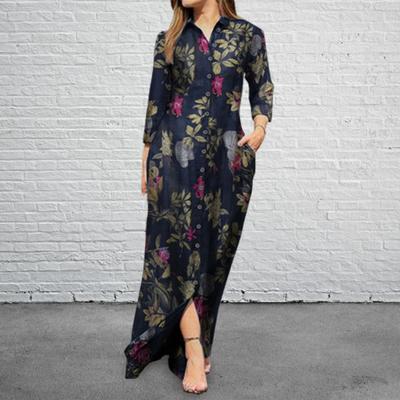 Robe longue à col rabattu et manches longues pour femme avec poche, motif géométrique, chemise à simple boutonnage, vêtements pour femmes
