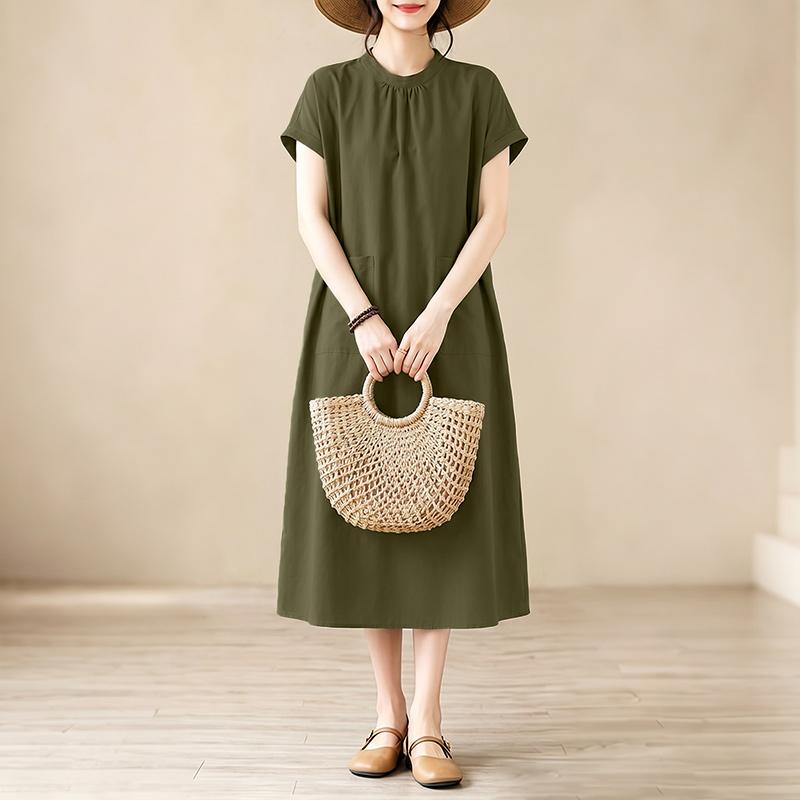 ZANZEA Women Casual Round Neck Solid Color Loose Short Sleeve Dress
