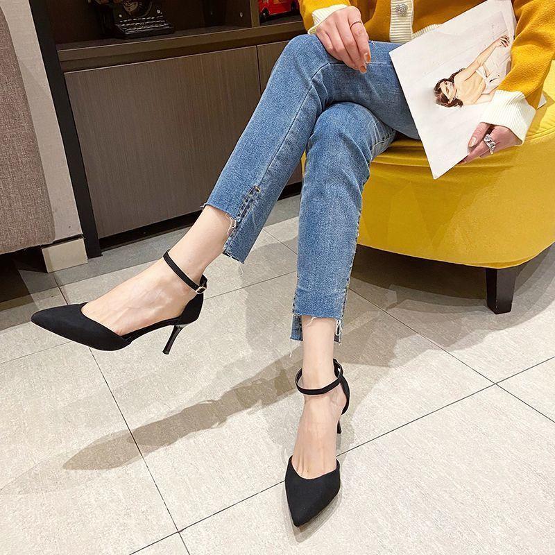 Comfortable Women's Sandals Spring and Summer One-word Buckle with Pointed Stiletto Sandals Women