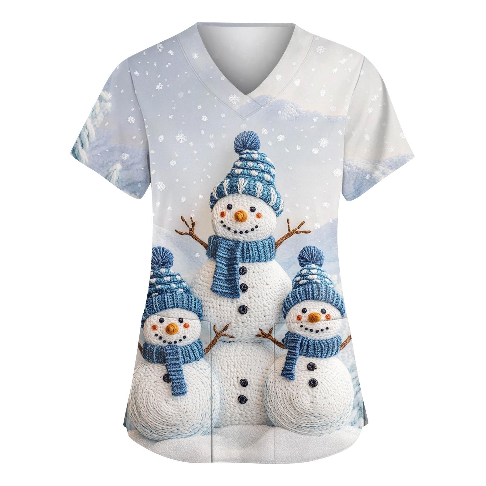 

Women s Fashionable V-neck Workwear Christmas Printed Short Sleeved Pocket Side Slit Workwear Basic Pullover Top XL білий