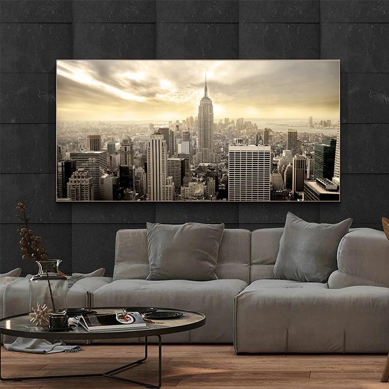 New York City Sunset And Night View Poster Canvas Painting Skline Manhattan Landscape Wall Art Pictures Living Room Home Decor