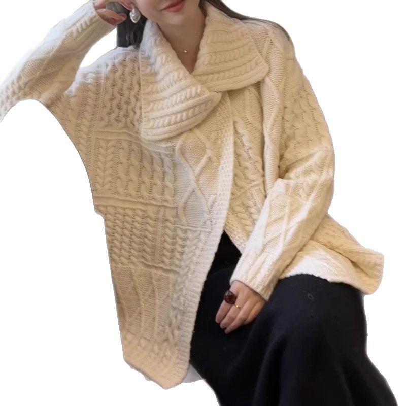 Lapel sweater jacket women's autumn and winter new design soft waxy thickened loose lazy wind twist knitted cardigan