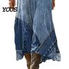 Asymmetric Hem Dress Denim Print Maxi for Women, Casual Long Sleeve V Neck Dress, Summer Loose A-line Flowy Vacation