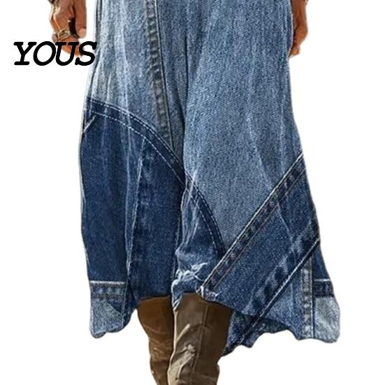 Asymmetric Hem Dress Denim Print Maxi for Women, Casual Long Sleeve V Neck Dress, Summer Loose A-line Flowy Vacation
