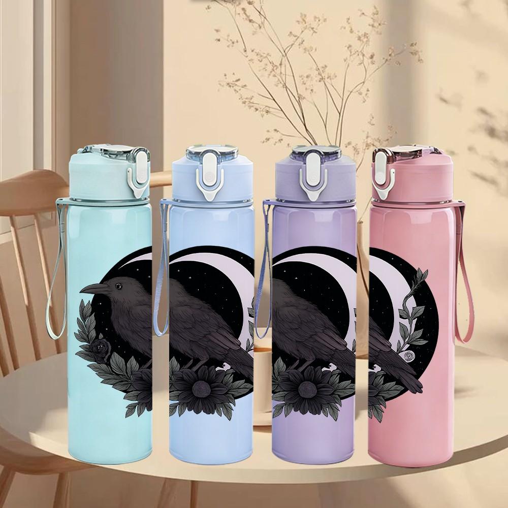 1PC Moon Crow Silhouette 750ml Color Plastic Sports Water Bottle Leakproof Flip Straw Lid Suitable for Sports Office Home Use