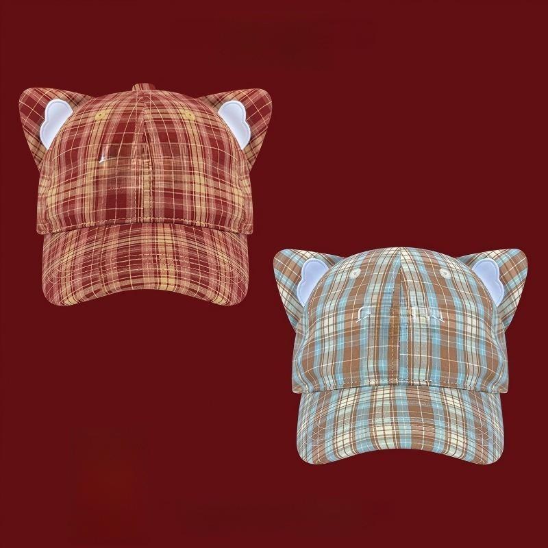 Cotton Checkered Cat Ear Embroidered Baseball Cap With Sun Protection For Women