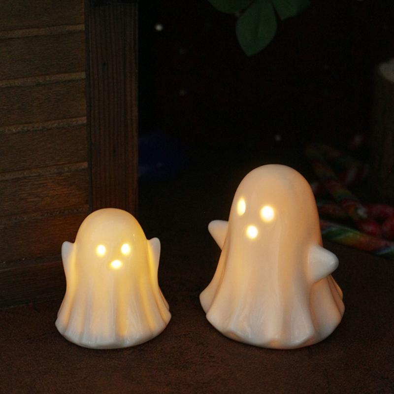 2Pcs Halloween Ceramic Ghostly Figurines With Soft Glows Night Light Handcrafted Holiday Decoration for Bedroom Party Decoration Collectibles