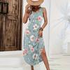 Women Sleeveless Floral Print Casual Loose Fit Long Dress Round Neck Side Slit Summer Maxi Dress for Daily Wear