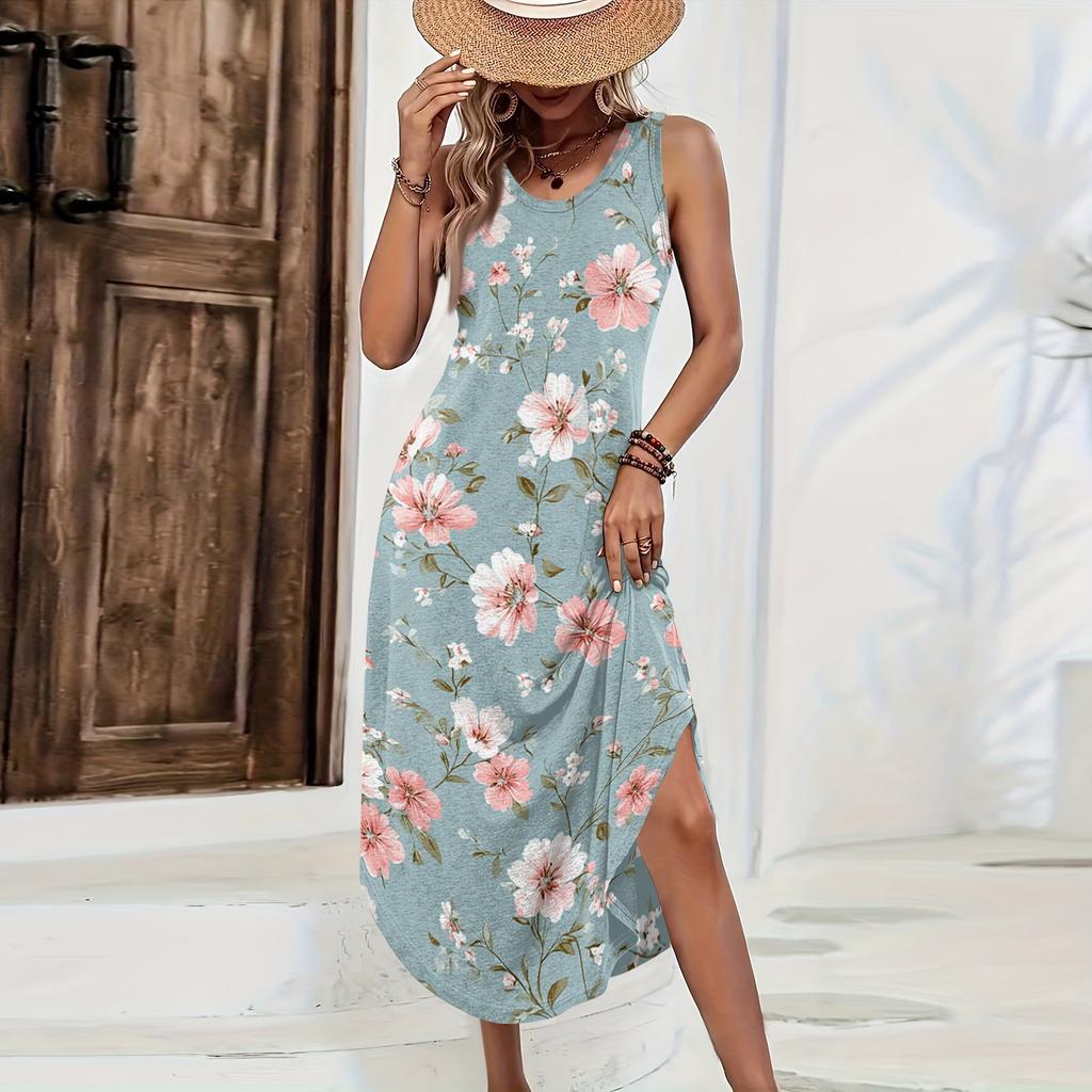 Women Sleeveless Floral Print Casual Loose Fit Long Dress Round Neck Side Slit Summer Maxi Dress for Daily Wear