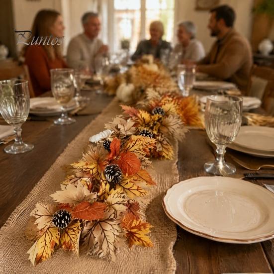 Holiday Gifts for Family Artificial Fall Maple Leaf Wreath, Autumn Vine with Pine Cones Pumpkins, Reusable Realistic Orange Red Leaves Hanging