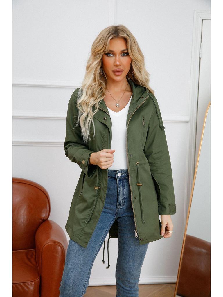 2022 Women's Plus Size Cotton Hooded Windbreaker - Spring/Autumn Loose Solid Color Coat