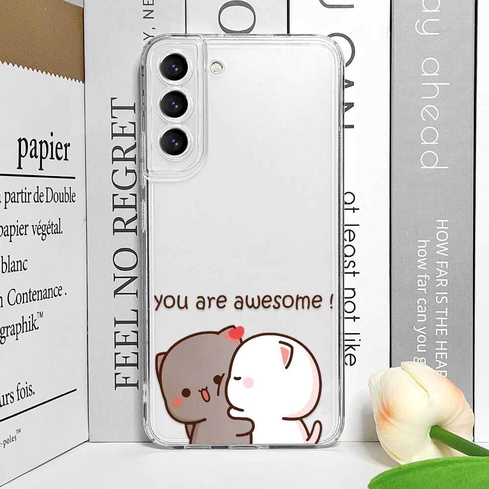 Funny Cartoon Peach Mochi Cat Phone Case for Samsung Galaxy S24 S23 S22 S21 S25 Ultra Plus FE 5G Clear Soft Covers Couple Fundas